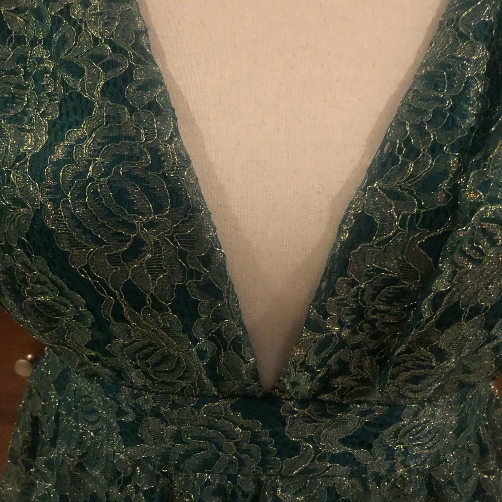 Lulu's Teal Green Lace Plunge Mini Dress - Picture 3 of 11